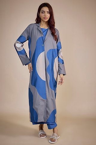 Electric Blue & Grey Cotton Poplin Floral Applique Jacket by Three