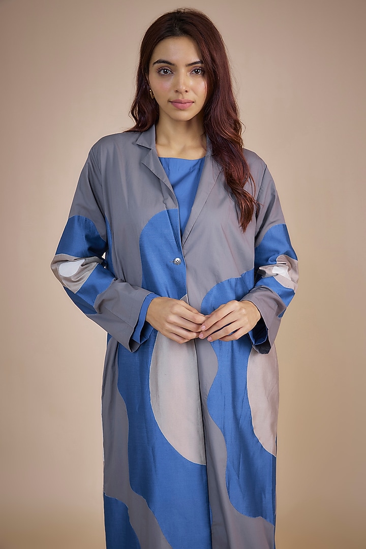 Electric Blue & Grey Cotton Poplin Floral Applique Jacket by Three at Pernia's Pop Up Shop