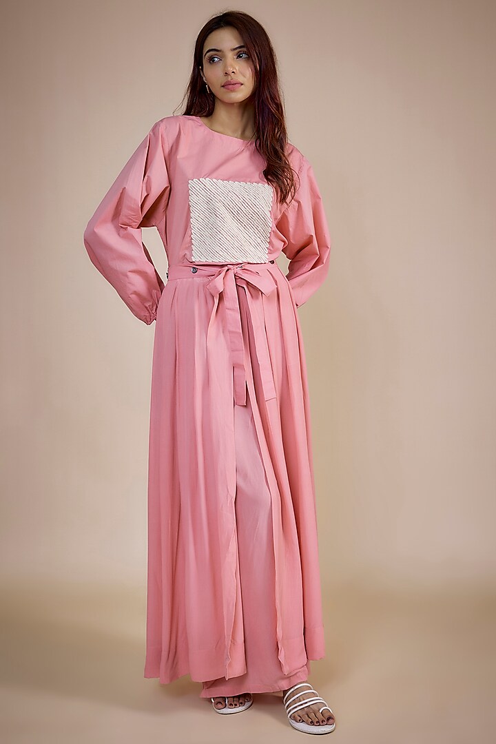 Pink Cotton Poplin Embroidered Co-Ord Set by Three