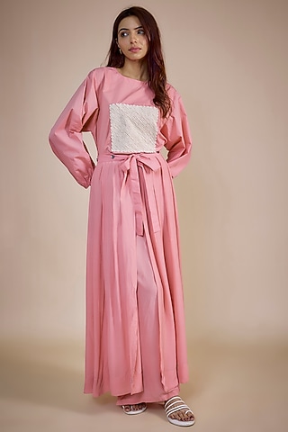 Pink Cotton Poplin Embroidered Co-Ord Set by Three