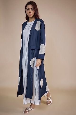 Blue Cotton Poplin Embroidered Jacket by Three