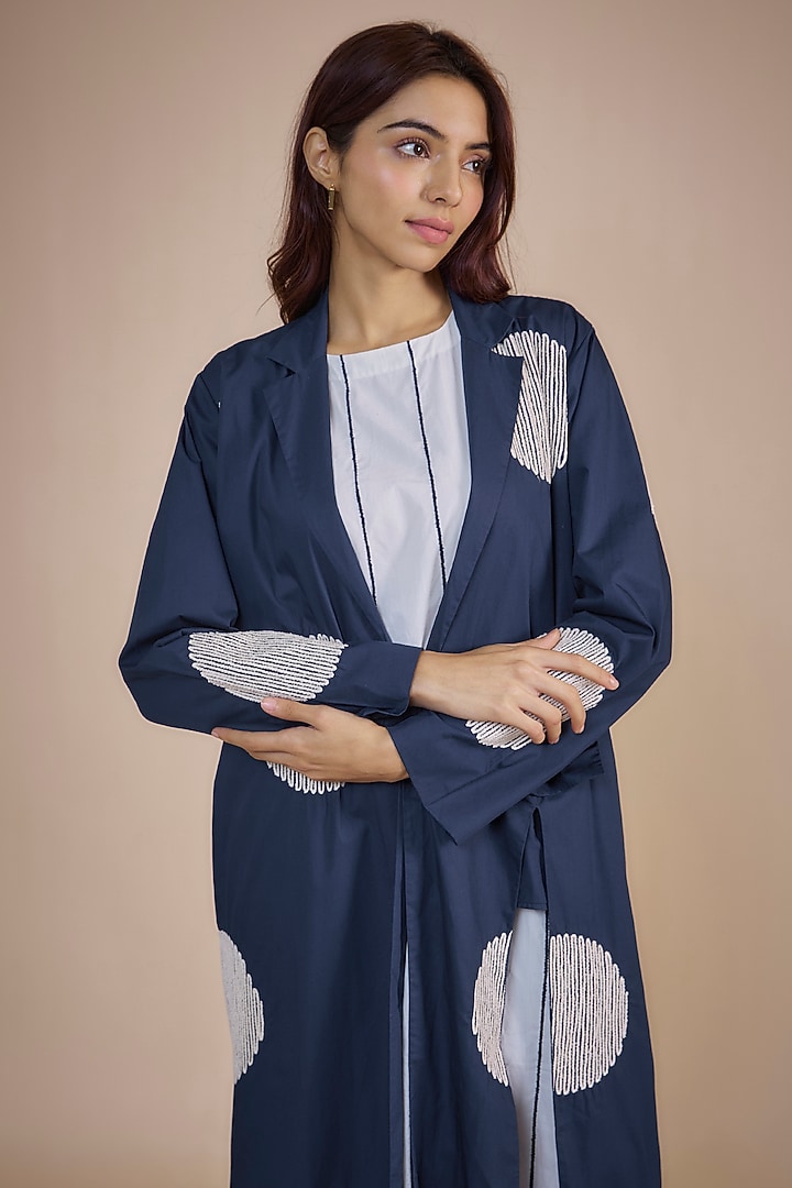 Blue Cotton Poplin Embroidered Jacket by Three at Pernia's Pop Up Shop