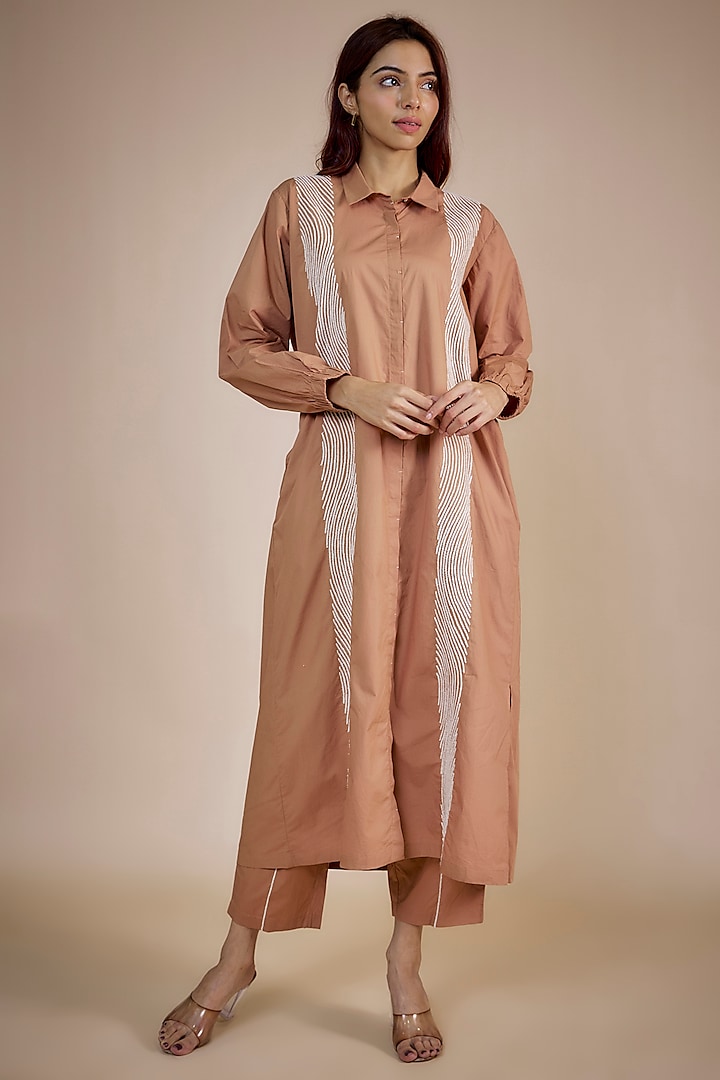 Champagne Silk Crepe Embroidered Kaftan Set by Three