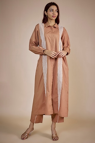 Champagne Silk Crepe Embroidered Kaftan Set by Three
