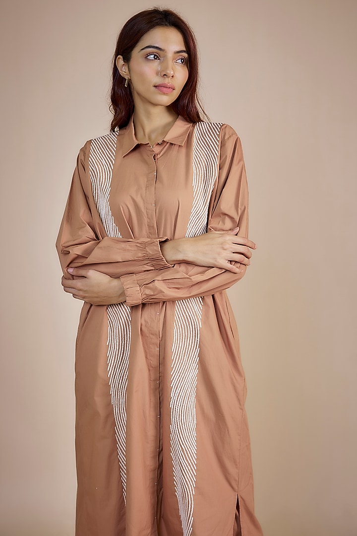 Champagne Silk Crepe Embroidered Kaftan Set by Three at Pernia's Pop Up Shop