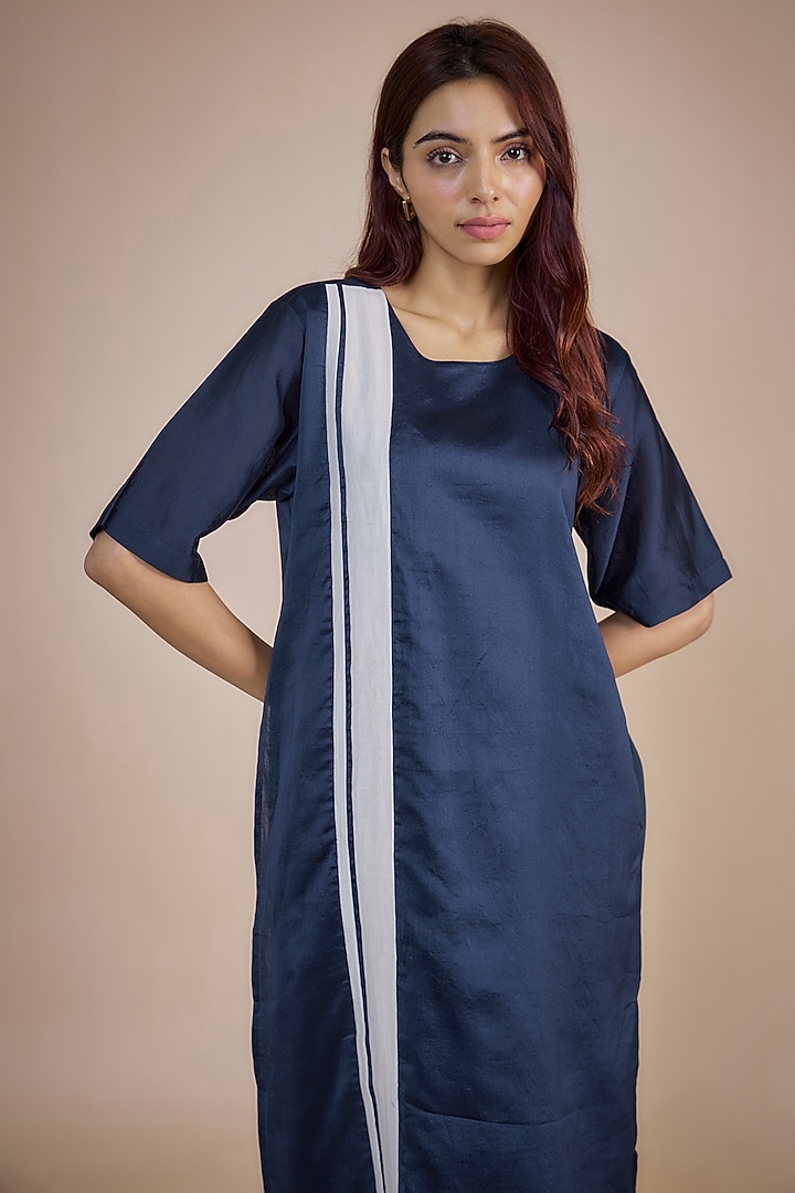 Navy Chanderi Applique Striped Maxi Summer Dress by Three at Pernia's Pop Up Shop