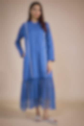Electric Blue Cotton Poplin Frilled Maxi Dress by Three