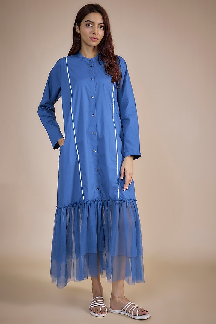Electric Blue Cotton Poplin Frilled Maxi Dress by Three