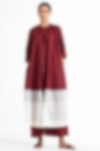 Crimson Red Panelled & Gathered Shirt Kurta Set by Three at Pernia's Pop Up Shop