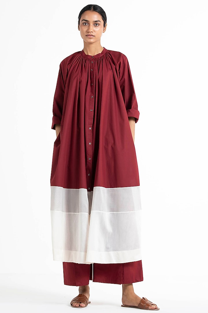 Crimson Red Panelled & Gathered Shirt Kurta Set by Three at Pernia's Pop Up Shop
