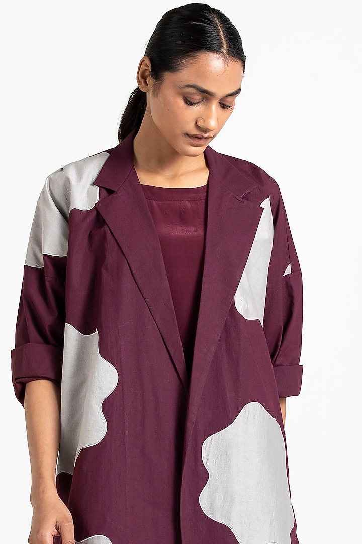 Wine Jacket Set With Floral Applique Work by Three at Pernia's Pop Up Shop