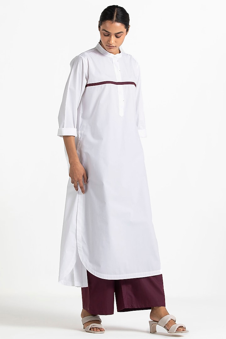 White Printed Pleated Shirt Kurta Set by Three at Pernia's Pop Up Shop