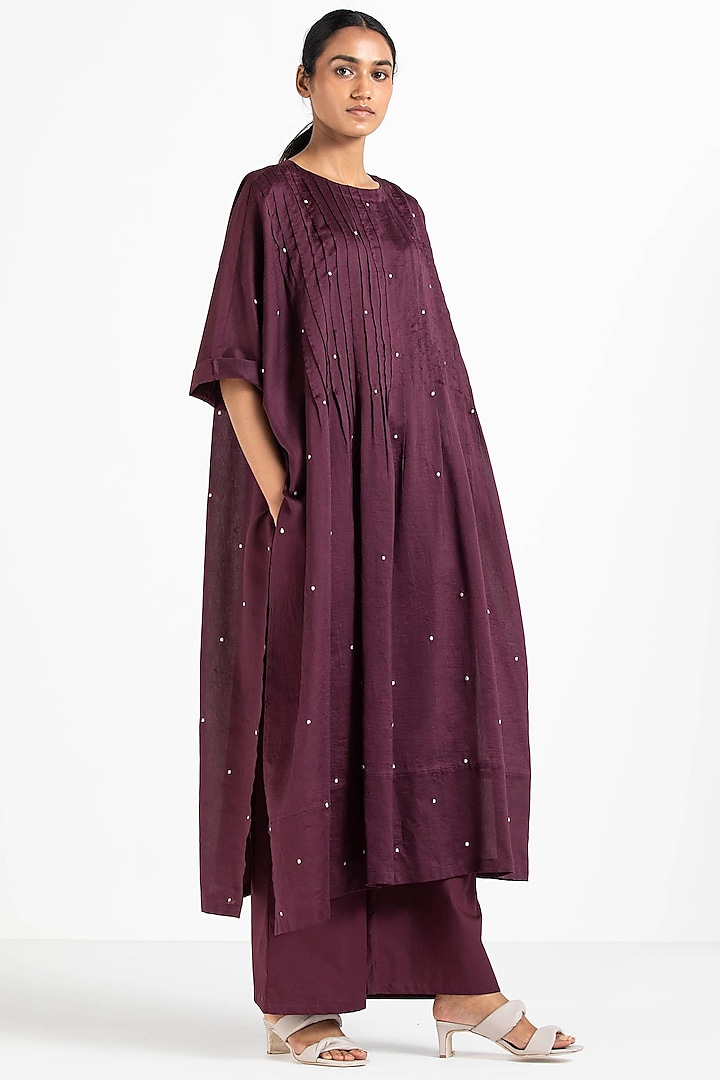 Wine Embroidered Pintucked Kaftan Set by Three