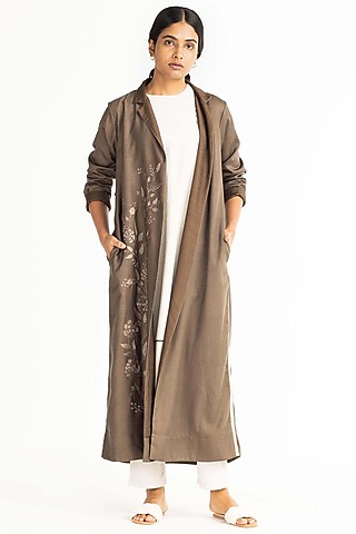 Olive Brown Embroidered Jacket Set by Three