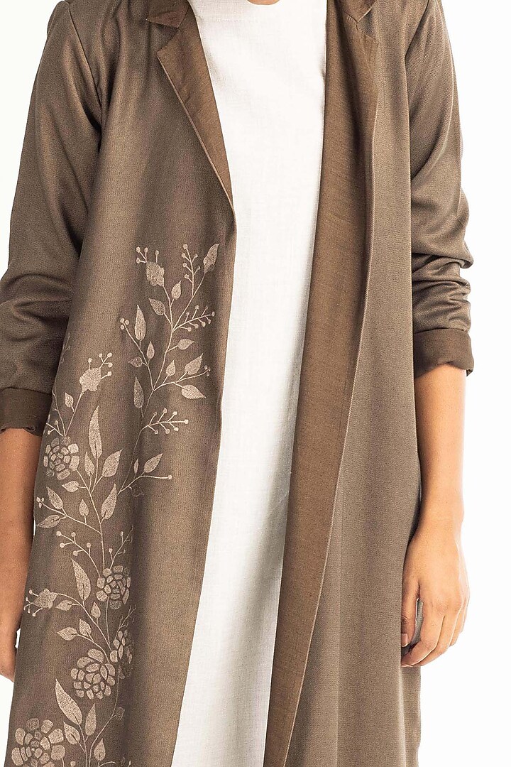 Olive Brown Embroidered Jacket Set by Three at Pernia's Pop Up Shop