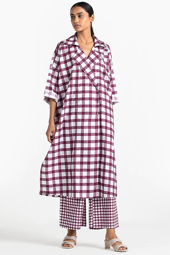 Wine Checkered Broad Pants by Three