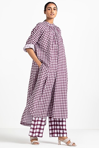 Wine Broad Pants With Checks by Three