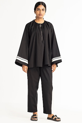Black Cotton Poplin Top by Three