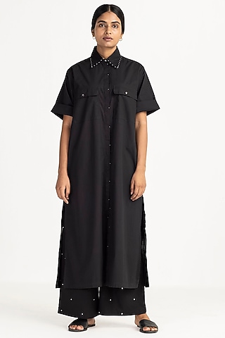 Black Cotton Poplin Shirt Tunic by Three