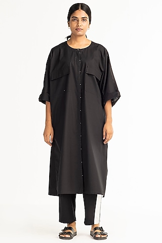 Black Shirt Tunic In Cotton Poplin by Three