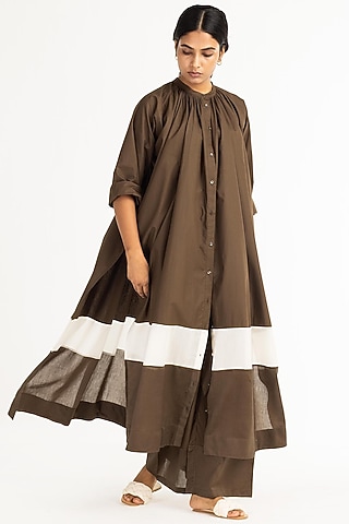 Olive Cotton Poplin Shirt Tunic by Three