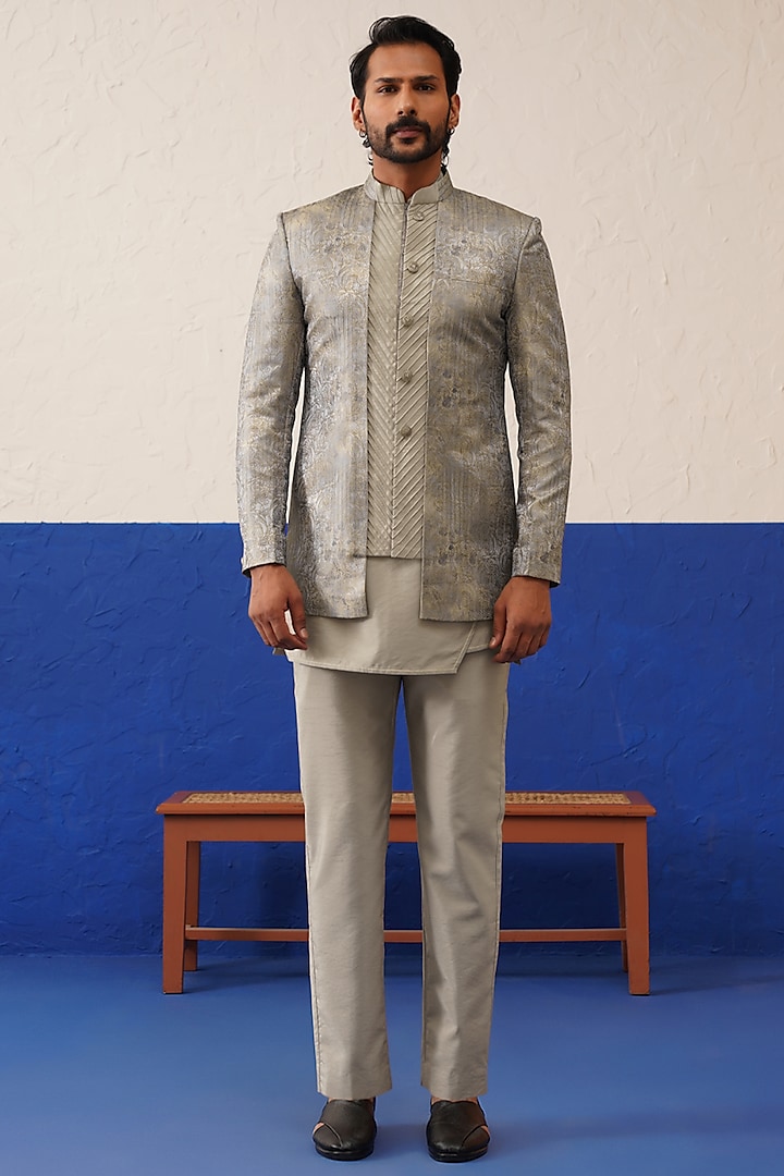 Beige Jacquard Floral Printed Embossed Indowestern Set by The Ethnic Co at Pernia's Pop Up Shop