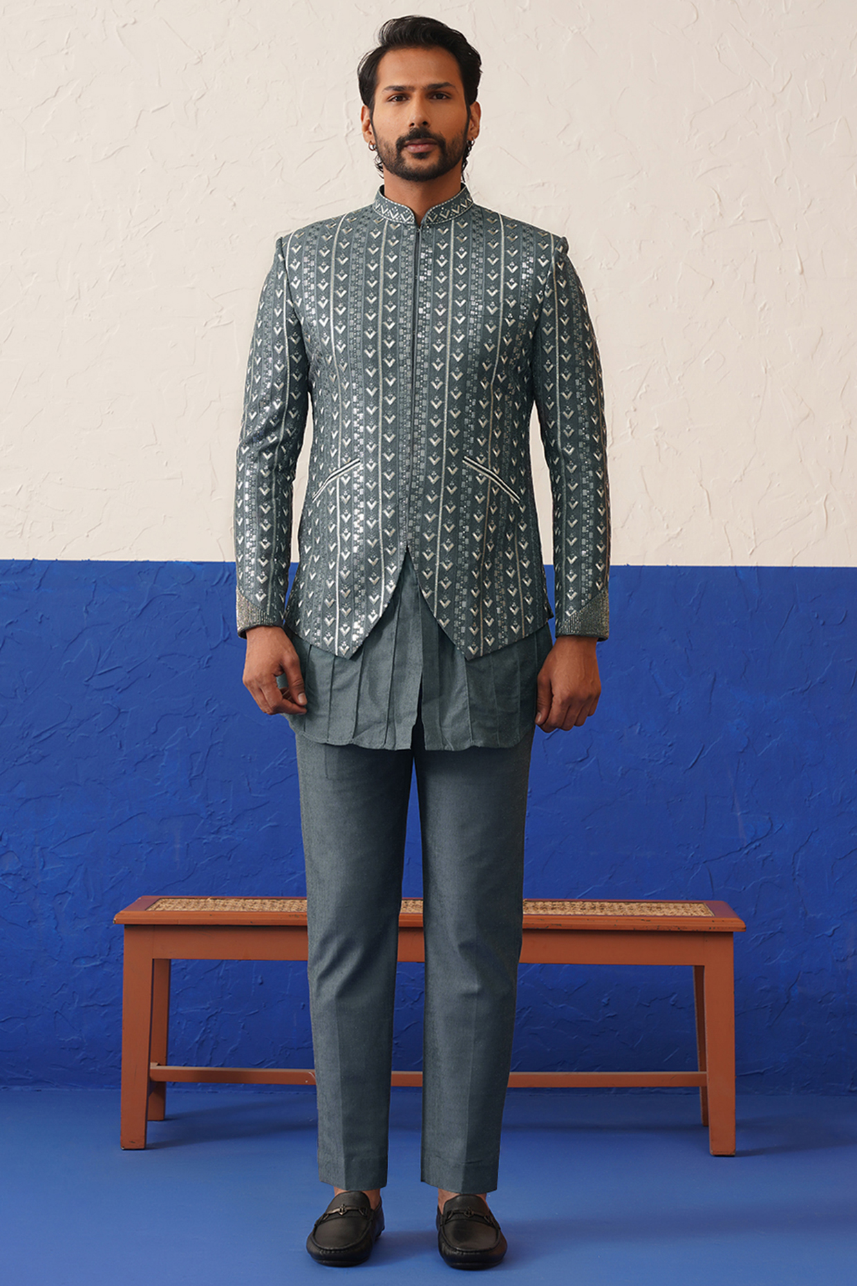 Grey Soft Mul Cotton Geometric Embroidered Short Jacket Set by The Ethnic Co at Pernia's Pop Up Shop