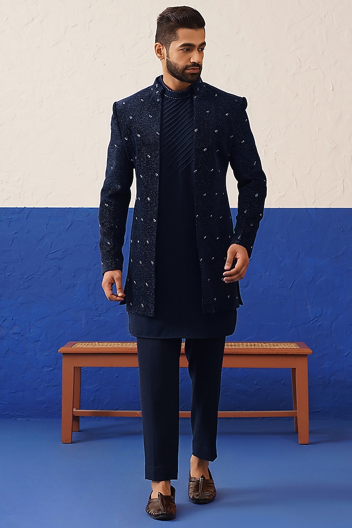 Navy Blue Velvet Embroidered Sherwani Set by The Ethnic Co