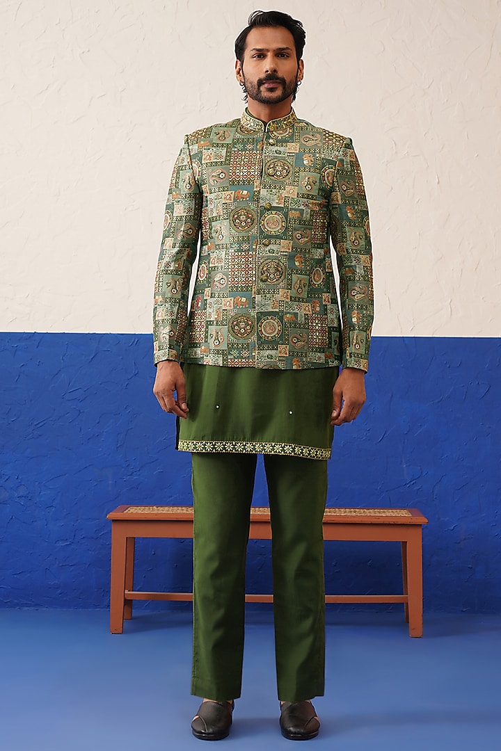 Green Silk Floral Printed Bandhgala Set by The Ethnic Co