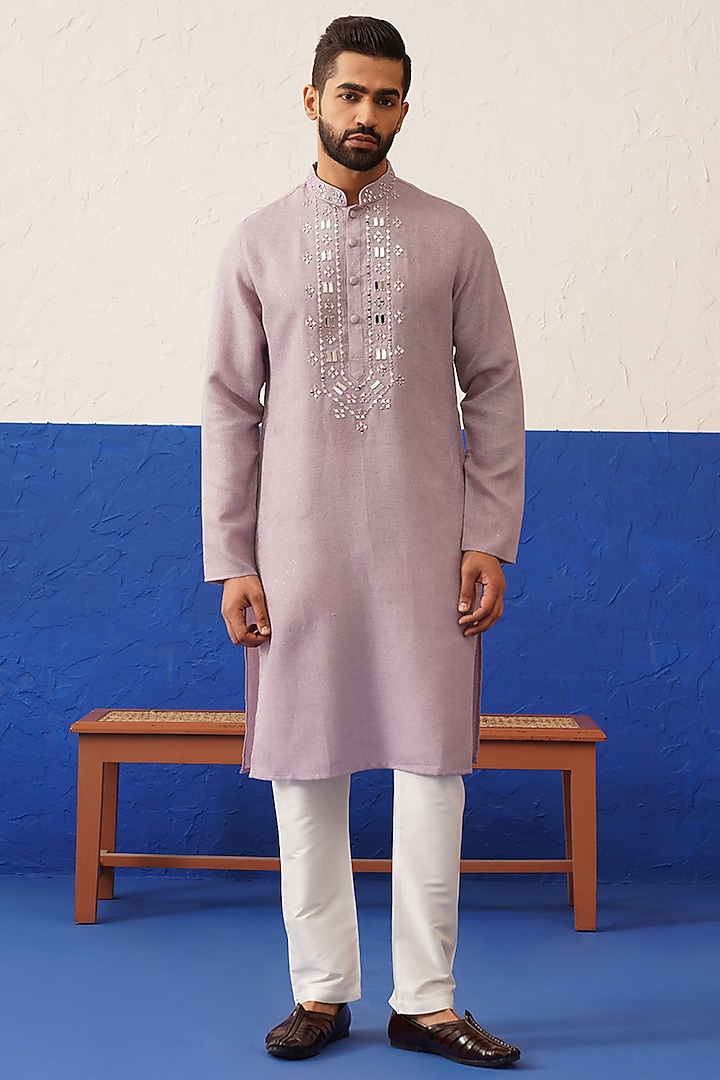 Onion Pink Art Silk Mirror Embroidered Kurta Set by The Ethnic Co