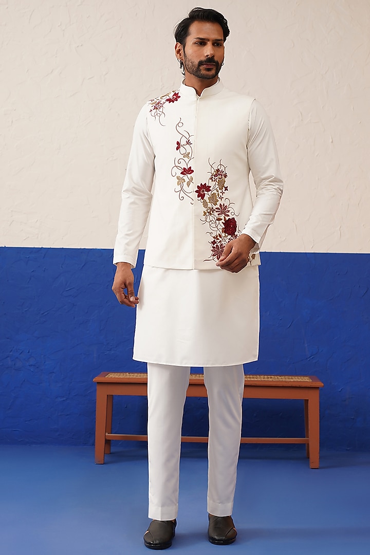 White Cotton Embroidered Bundi Jacket Set by The Ethnic Co