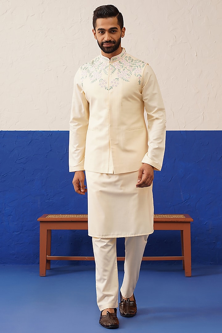 Cream Cotton Embroidered Bundi Jacket Set by The Ethnic Co