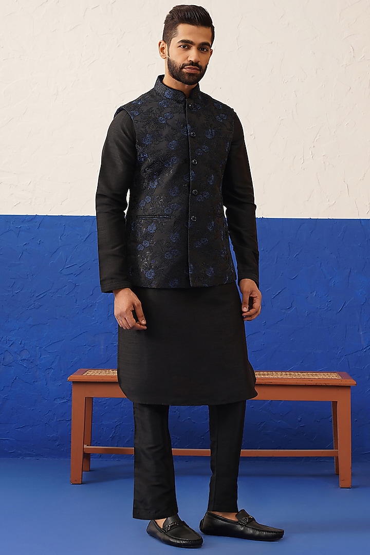 Navy Cotton Embroidered Bundi Jacket Set by The Ethnic Co