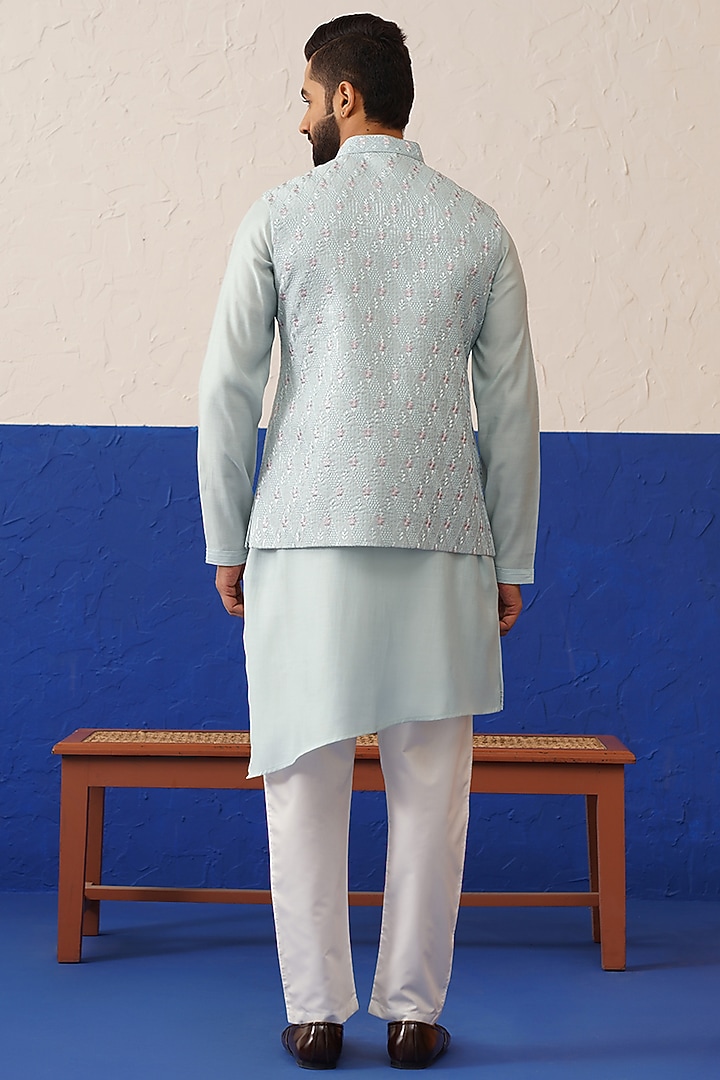 Ivory Grey Art Silk Embroidered Bundi Jacket Set by The Ethnic Co at Pernia's Pop Up Shop