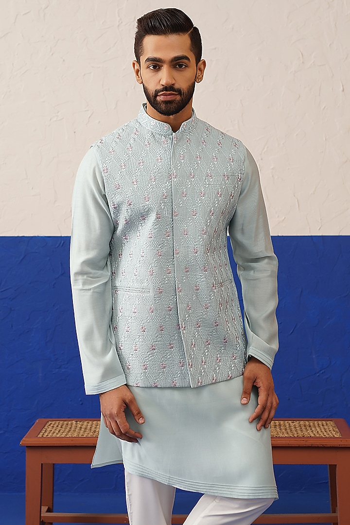 Ivory Grey Art Silk Embroidered Bundi Jacket Set by The Ethnic Co at Pernia's Pop Up Shop