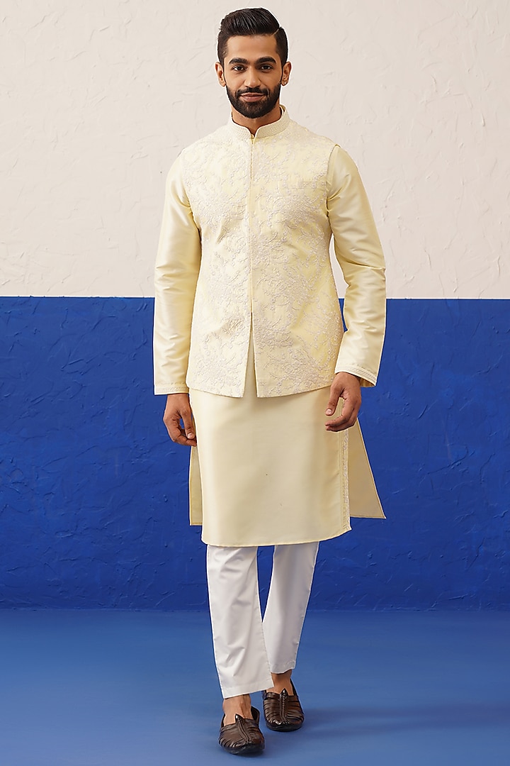 Lemon Yellow Dupion Silk Bundi Jacket Set by The Ethnic Co