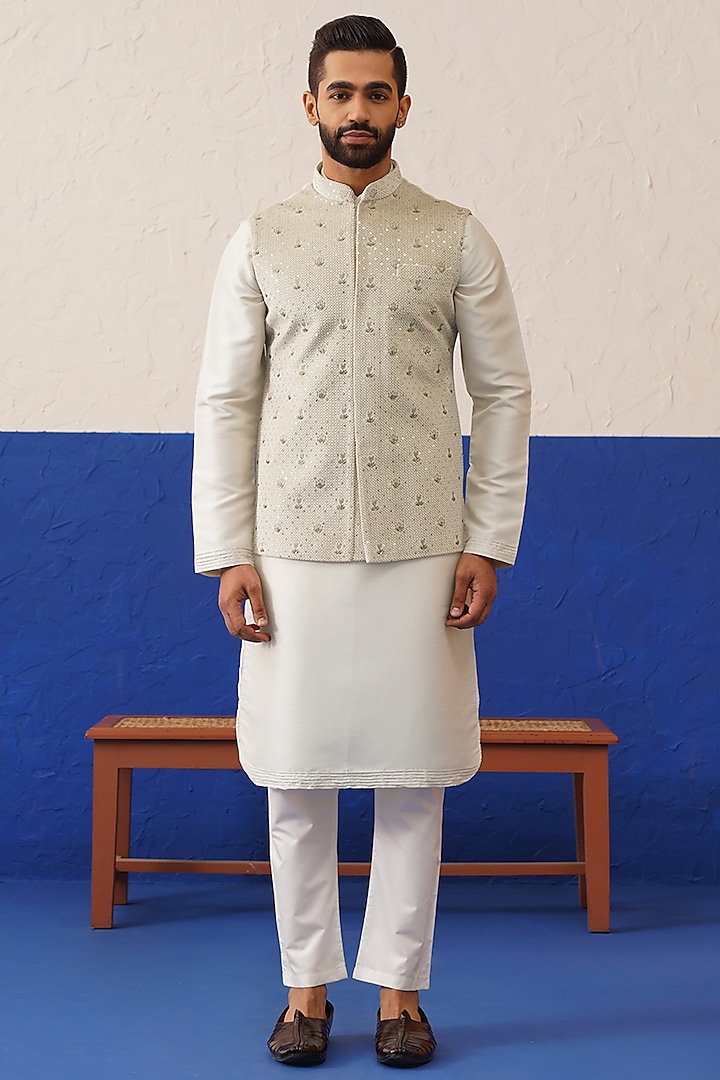 Cream Velvet Bundi Jacket Set by The Ethnic Co