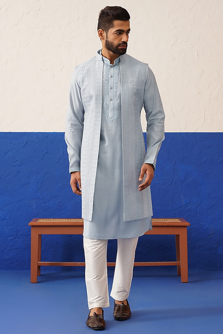 Aqua Linen Embroidered Long Bundi jacket  Set by The Ethnic Co