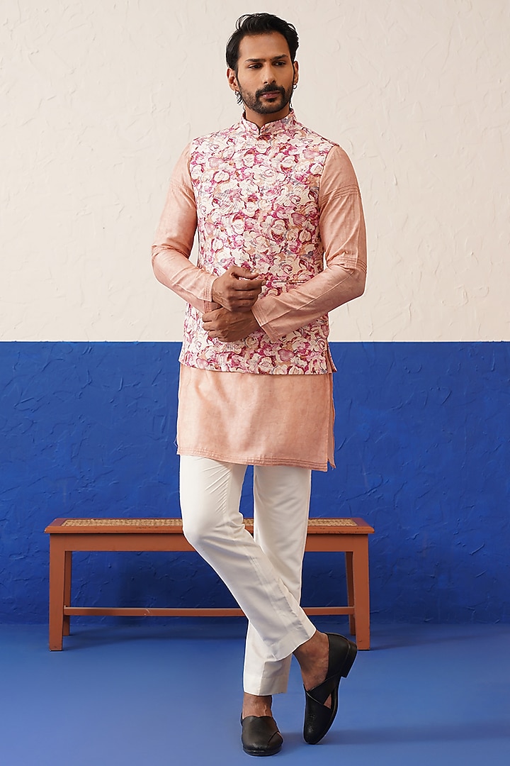 Multi-Colored Soft Mul Cotton Printed Bundi Jacket Set by The Ethnic Co