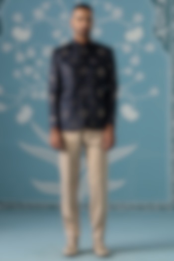 Blue & Grey Polyester Textured Bandhgala Set by The Ethnic Co at Pernia's Pop Up Shop