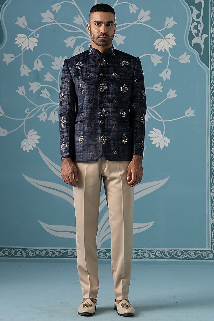 Blue & Grey Polyester Textured Bandhgala Set by The Ethnic Co at Pernia's Pop Up Shop