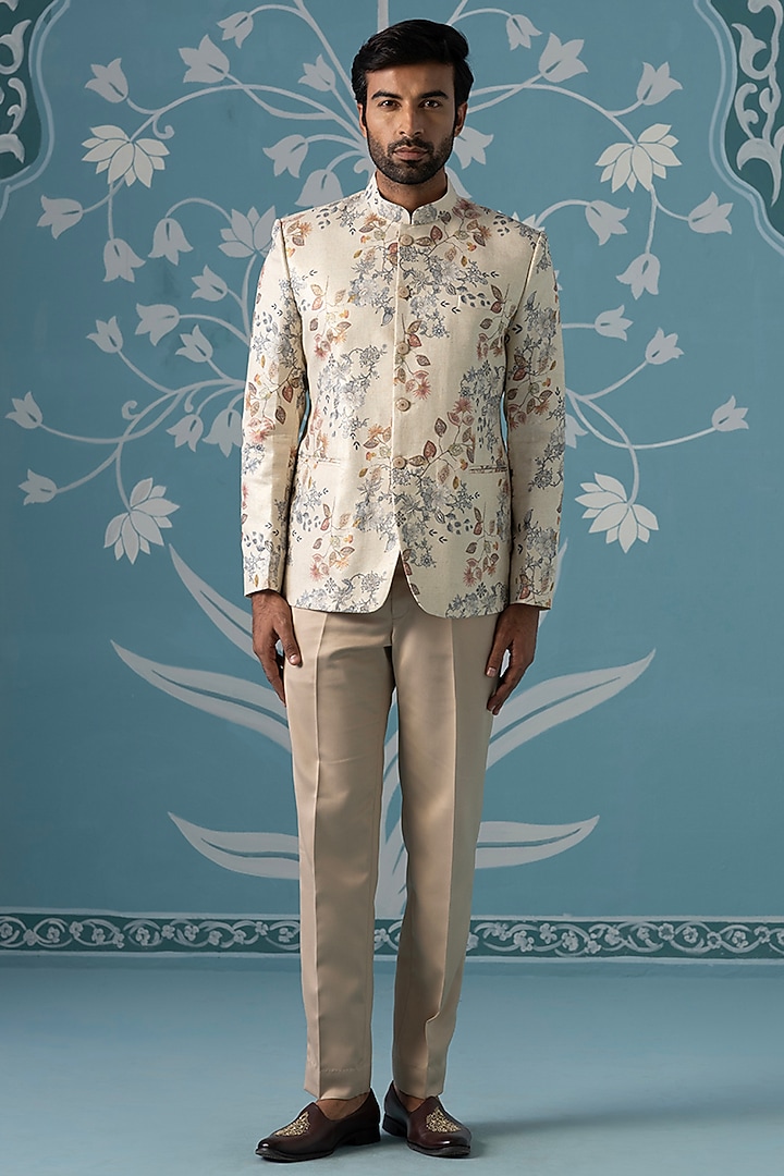 Beige Polyester Digital Printed Bandhgala Set by The Ethnic Co at Pernia's Pop Up Shop