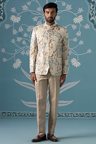 Beige Polyester Digital Printed Bandhgala Set by The Ethnic Co