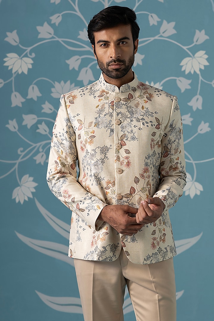 Beige Polyester Digital Printed Bandhgala Set by The Ethnic Co at Pernia's Pop Up Shop