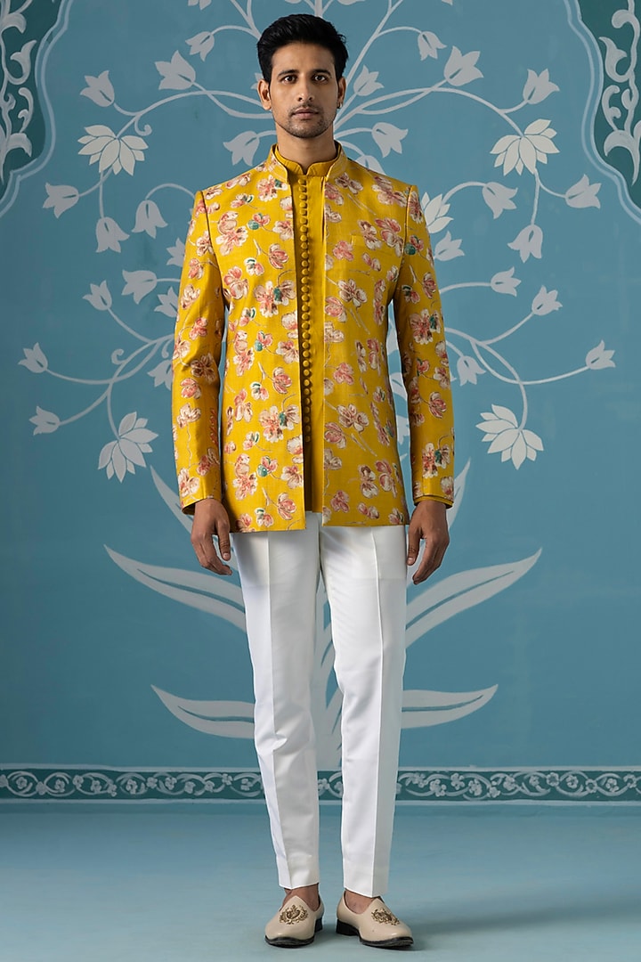 Mustard Polyester Printed Bandhgala Set by The Ethnic Co at Pernia's Pop Up Shop