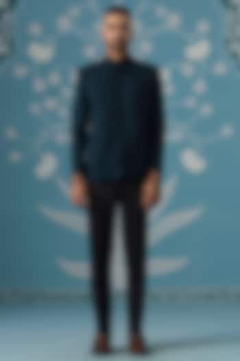 Teal Blue Polyester Textured Bandhgala Set by The Ethnic Co at Pernia's Pop Up Shop