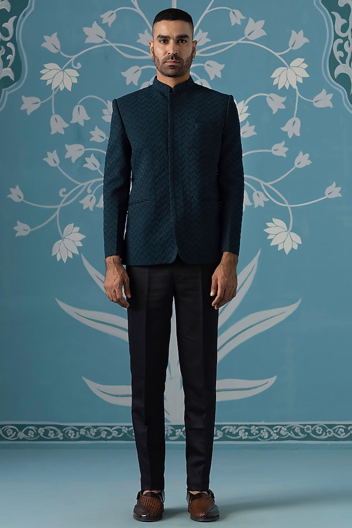Teal Blue Polyester Textured Bandhgala Set by The Ethnic Co at Pernia's Pop Up Shop
