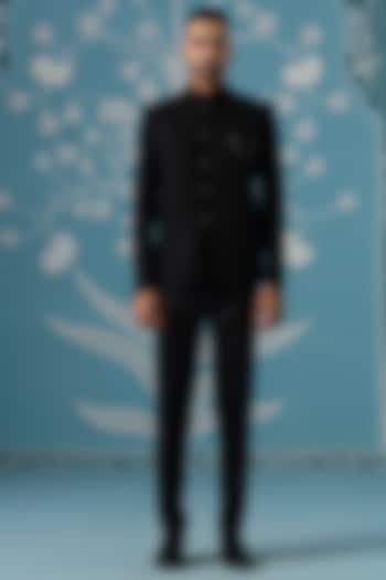 Black Polyester Textured Bandhgala Set by The Ethnic Co at Pernia's Pop Up Shop