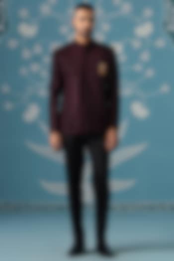 Wine Polyester Textured Bandhgala Set by The Ethnic Co at Pernia's Pop Up Shop