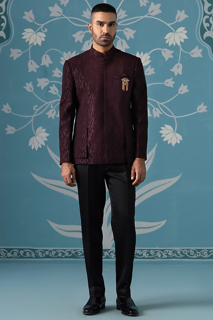 Wine Polyester Textured Bandhgala Set by The Ethnic Co at Pernia's Pop Up Shop